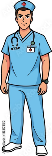 Male nurse character with stethoscope and medical cap cartoon style isolated on transparent background