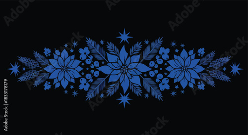 Elegant blue poinsettia and holly design for festive holiday decorations and winter celebrations