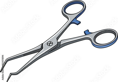 Surgical forceps vector illustration medical instrument laboratory tool precision pliers stainless steel blue handle isolated on transparent background