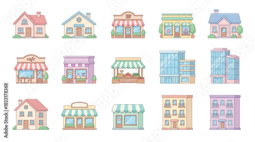 Collection of pixel art buildings, houses, shops, and offices, perfect for game assets and digital illustrations