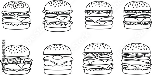 Delicious burger line art illustrations for menu design and fast food branding projects, tasty sandwich icons
