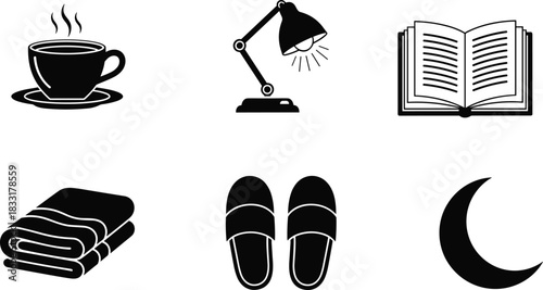 Cozy lifestyle icon set, hot coffee cup, desk reading lamp, open book, folded towels, home slippers, crescent moon symbol, minimalist black silhouette vector illustration pack.