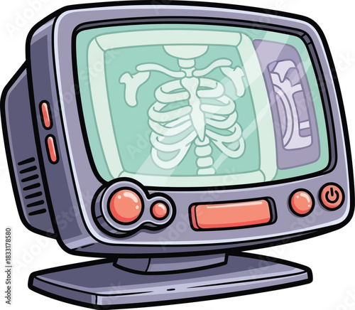 Retro x ray machine monitor displaying human skeleton medical equipment illustration isolated on transparent background