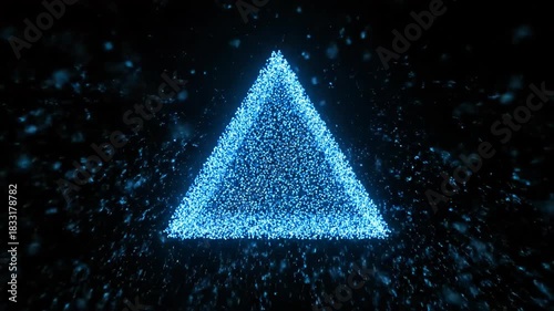 A luminous, blue triangle composed of tiny dots glows against a dark background, with scattered particles