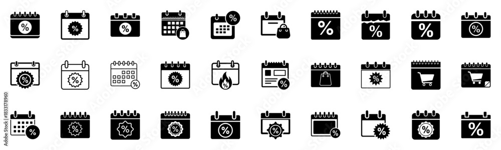Obraz premium Minimal Black and White Sale Calendar Set, Percent Symbols, Retail Promotion Icons, Ecommerce Deals, Date Planning Graphic