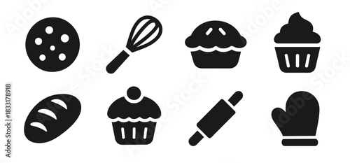 Baking icon collection in black featuring cookie, whisk, pie, cupcake, bread loaf, muffin, rolling pin, and oven glove