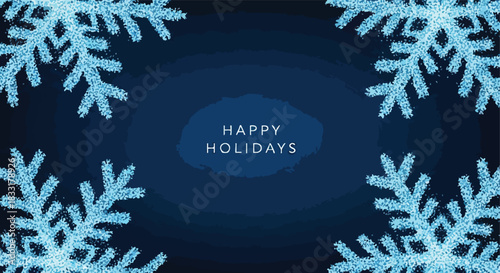 Sparkling blue snowflakes framing a dark blue backdrop for a festive happy holidays greeting graphic design