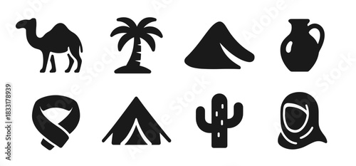 Desert culture icon collection in black. Set includes camel, palm tree, tent, jug, scarf, campsite tent, cactus, and hijab woman
