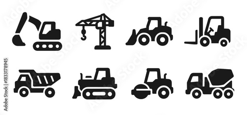 Construction icon collection in black. Set includes excavator, crane, loader, forklift, dump truck, bulldozer, road roller, and cement mixer