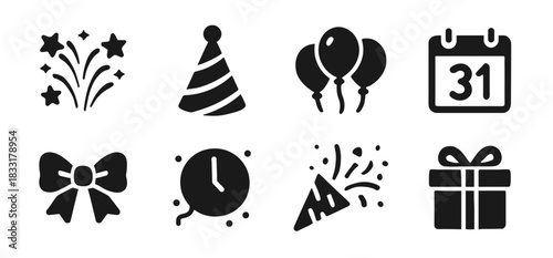 Party icon collection in black featuring fireworks, party hat, balloons, calendar, bow tie, clock balloon, confetti and gift box