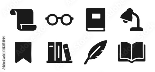 Literature icon collection in black. Set includes scroll, glasses, notebook, desk lamp, bookmark, bookshelf, quill, and open book