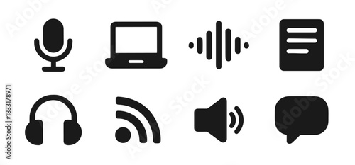 Podcast and media icon collection in black featuring microphone, laptop, audio bars, document, headphones, wifi, speaker, and chat bubble
