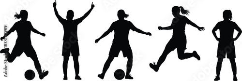 Silhouette female soccer players performing various football actions, kicking, dribbling, celebrating, standing poses, dynamic athletic sports movement