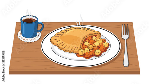 Warm comforting apple hand pie with coffee makes the perfect autumn treat for breakfast or dessert illustration