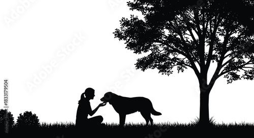 Silhouette girl playing with dog outdoors, nature scene under tree, friendship moment, pet interaction illustration, peaceful landscape