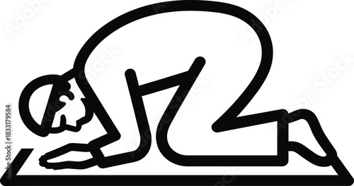 Black outline icon of a man prostrating on a prayer mat, symbolizing islamic worship and a muslim pray icon