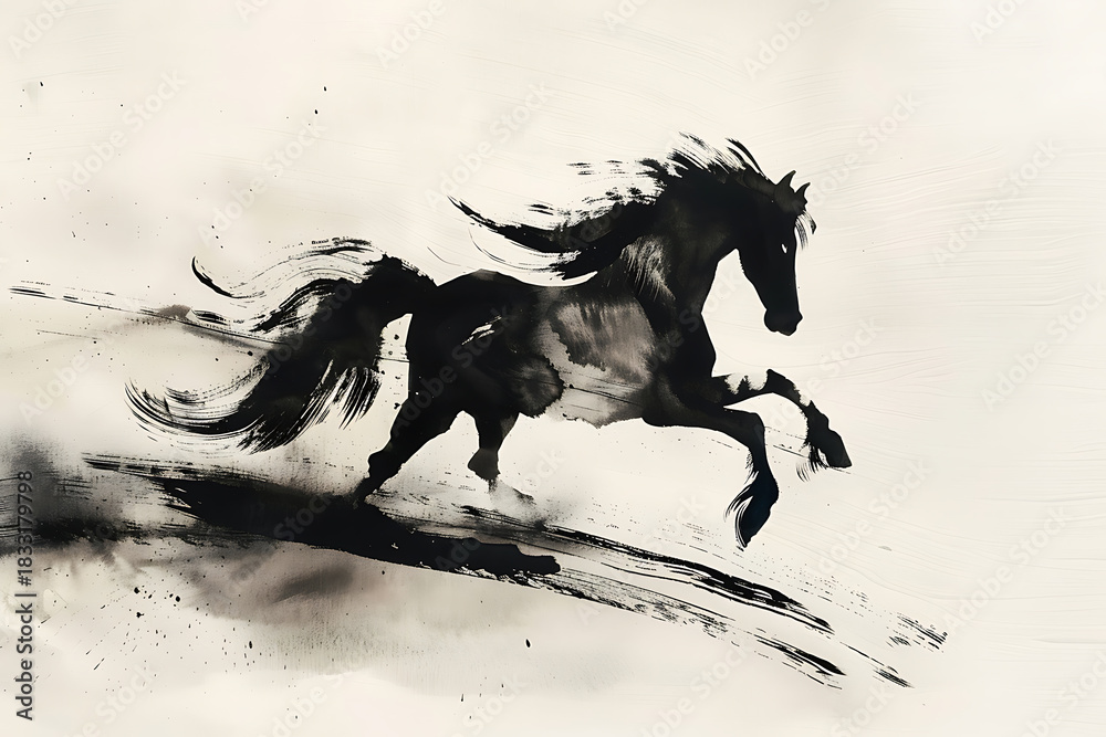 Obraz premium 墨の筆致で描かれた疾走する馬の躍動的アート