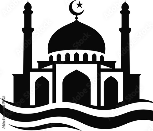 Black silhouette of mosque with minarets and dome, crescent moon and star, set on abstract waves muslim pray icon