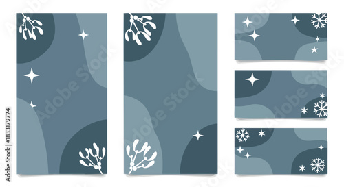 Abstract winter graphic collection on cool blue tones with stylized mistletoe, stars, and snowflakes perfect for modern digital story and banner