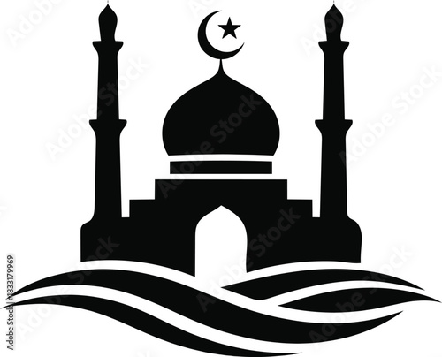Black silhouette of mosque with minarets and dome, crescent moon and star, with stylized waves muslim pray icon