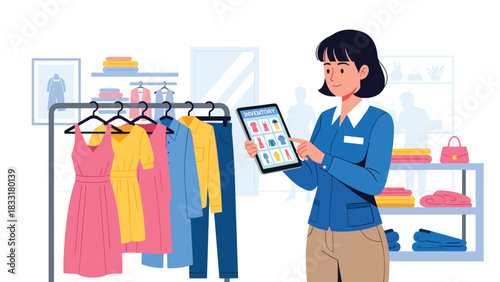 Stylish boutique owner managing inventory with her tablet, ensuring every item is accounted for in the modern fashion retail space