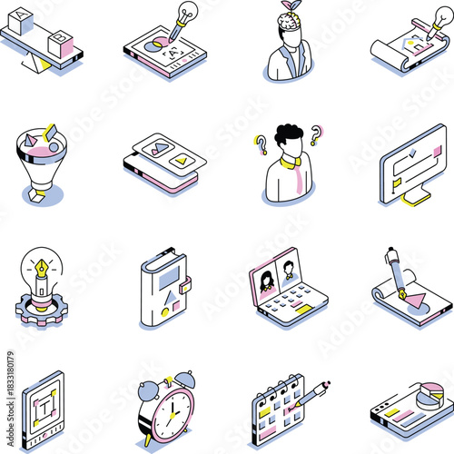 Pack of Work Strategy Isometric Style Icons 

