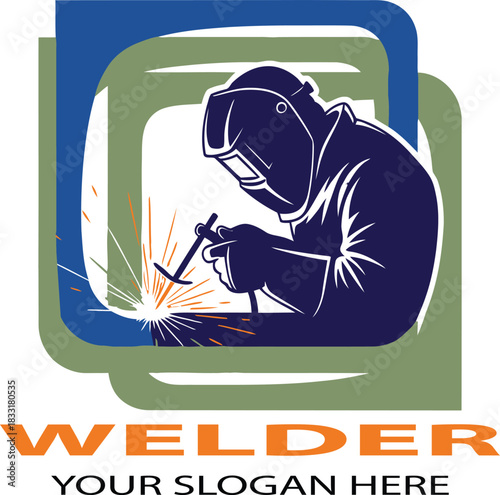 Welder at work with protective mask and equipment against green background