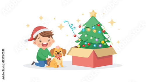 A cute puppy popping out of a gift box under the Christmas tree, fairy lights glowing, child smiling with excitement, heartwarming holiday moment.