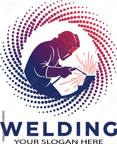 Welding logo design template professional industry worker wearing protective gear equipment and sparks