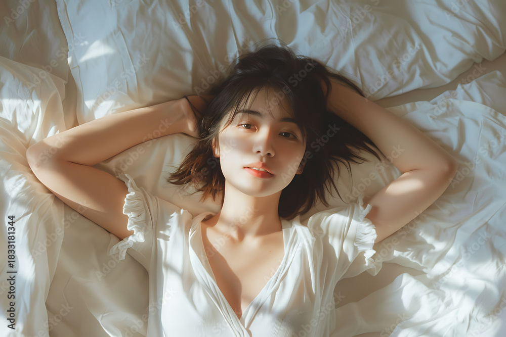Fototapeta premium 柔らかい朝日を浴びながら眠る日本人女性の静かな寝室風景