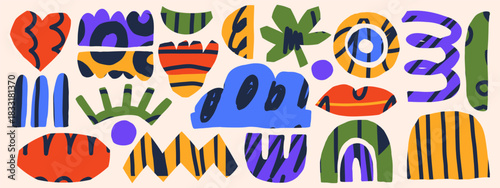 Modern geometric collage with artsy cartoon details. Funky cutout shapes set. Ideal for colorful graphic backgrounds and unique design projects