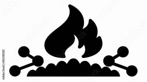 Stylized campfire with flames and abstract molecule structures in black and white illustration