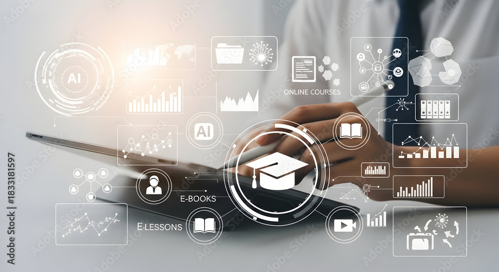 Fototapeta premium Person using a tablet with educational icons and ai technology representing online courses ebooks and elessons for digital learning and skill development in the modern education landscape