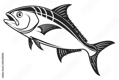Stylized black and white illustration of a tuna fish