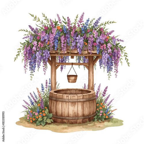 Watercolor wishing well with floral cascade for whimsical fairytale garden scenes and vintage charm