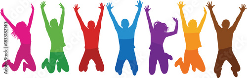Jumping silhouettes, colorful human figures, joyful motion, celebration pose, diversity in action, energetic design, youth expression, vibrant movement illustration