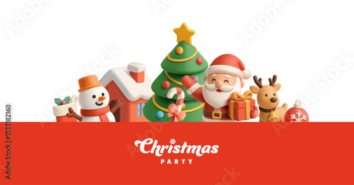Christmas party banner. 3D cheerful Santa Claus character with gift, Christmas tree, snowman, deer, Christmas decoration, candy, snowy house. Vector illustration.