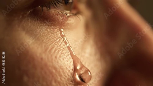 A close-up showcases a tear rolling down a person's cheek. The eye reflects light. The skin texture is clear and detailed