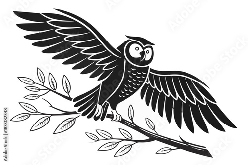 Stylized owl with outstretched wings perched on a branch with leaves