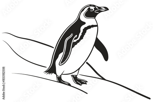 Stylized illustration of a penguin standing on a branch against a black background