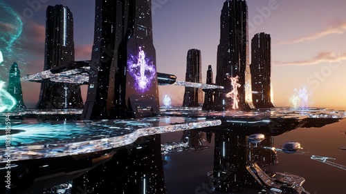 A futuristic cityscape features tall, sleek towers with translucent figures emitting energy. Floating platforms and vehicles reflect light. A sunset paints the sky