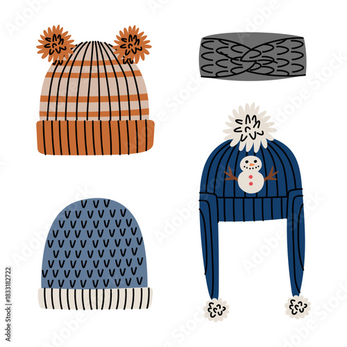 A set of brightly colored knitted winter hats with patterns. A brown striped hat with pompoms, a blue hat, a blue trapper hat with a snowman, and a gray headband. A flat color illustration