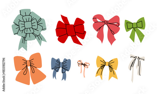 set of flat, colorful, handmade bows and ribbons. Double, triple, fluffy bows from above. Thin, wide ribbons with different ties. Perfect for wrapping gifts or decorating