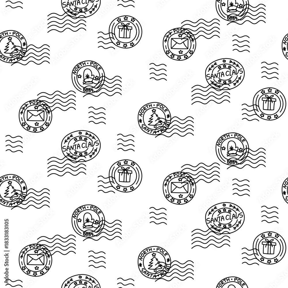 Fototapeta premium doodle Christmas holiday seamless pattern featuring North Pole Post round stamps with waves. Monochrome background ideal for wrapping paper, seasonal textile prints, paper, festive surface design