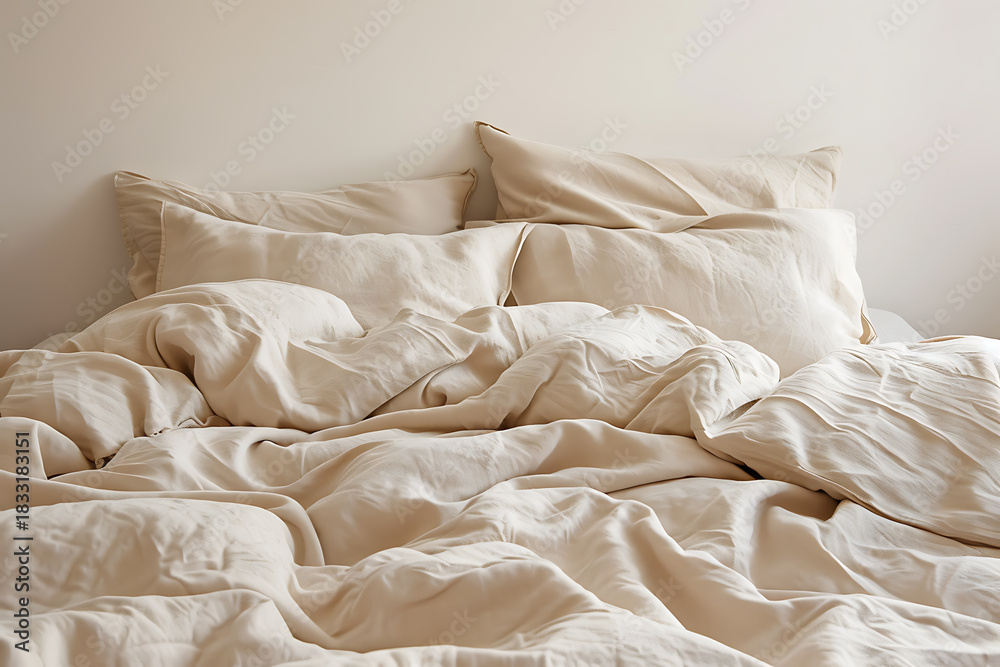 Obraz premium 午後の日差しが差し込む自然なベージュ寝具の優しい質感