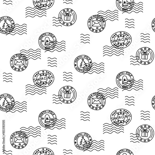 doodle Christmas holiday seamless pattern featuring North Pole Post round stamps with waves. Monochrome background ideal for wrapping paper, seasonal textile prints, paper, festive surface design