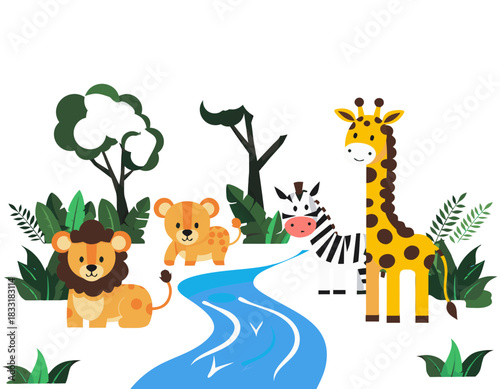 A Cute Vector Illustration Of A Lion Cub Zebra And Giraffe Standing Together In A Lush Green Jungle With A Winding Blue River And Tropical Foliage Under A Dark Canopy