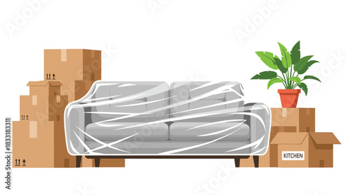 Moving day essentials: Grey couch wrapped for relocation with boxes and potted plant ready for a fresh start in a new home