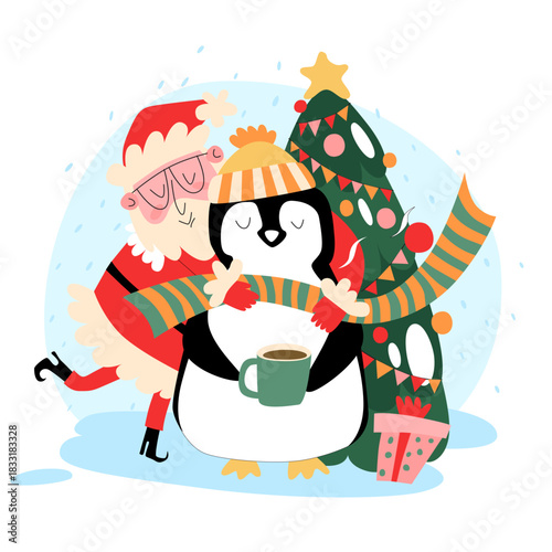 Flat-style vector illustration of Santa Claus hugging a penguin and trying to tie his scarf. Santa Claus with a Christmas tree and a penguin.