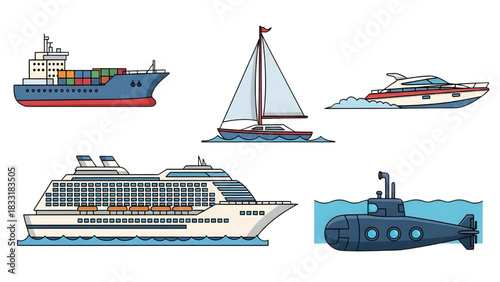 Sea transport vectors - cargo ship, sailboat, speedboat, cruise liner, submarine, vivid colors, simple flat design, clean outlines